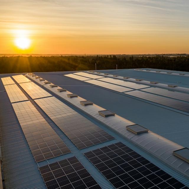 Solar panels on a roof at sunset. 