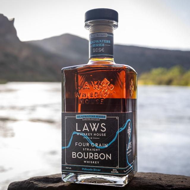 A bottle of the first whiskey in the Laws Whiskey House Headwater Series.