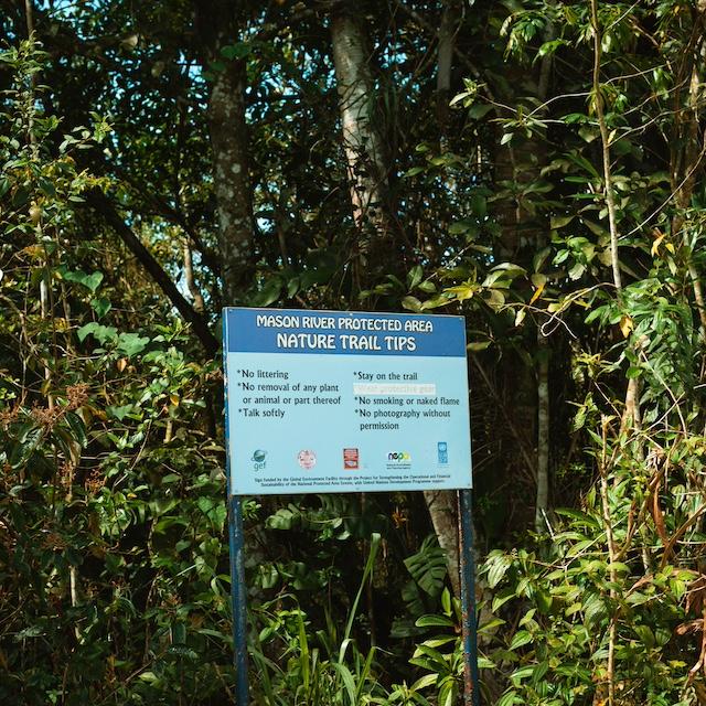 A sign reads "Mason River Protected Area: Nature trail tips." — wetlands