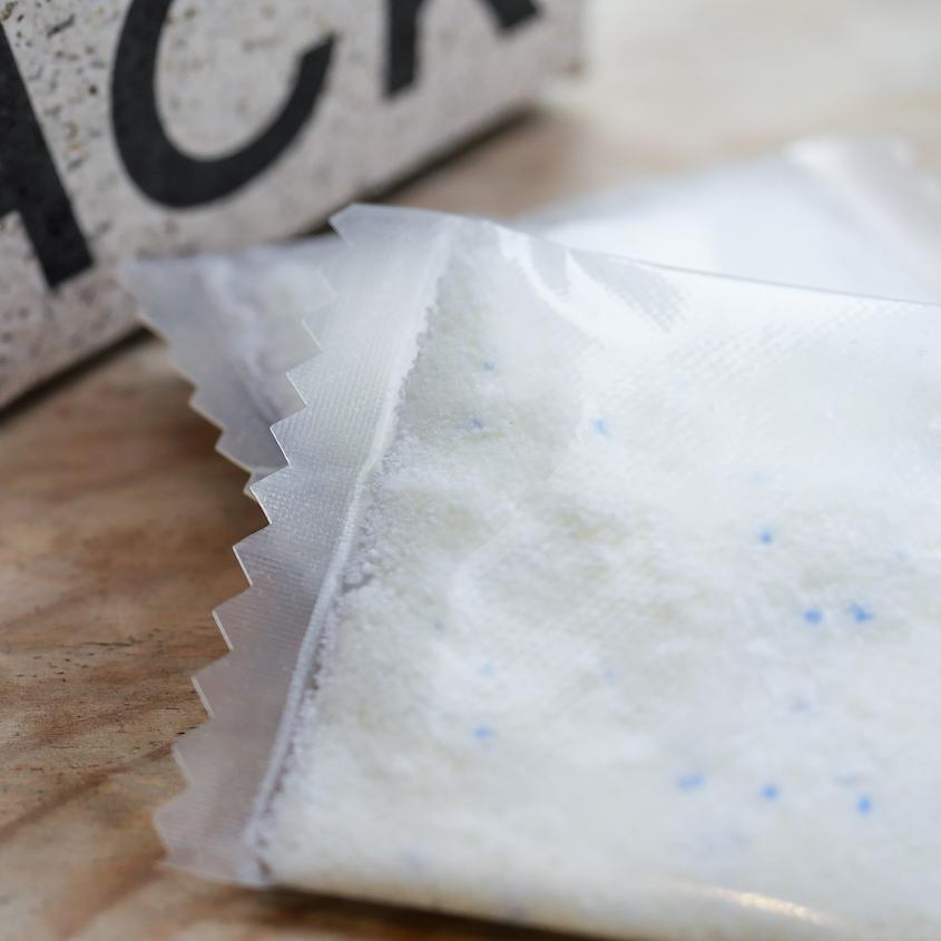 Notpla and MACK's sustainable detergent sachets.