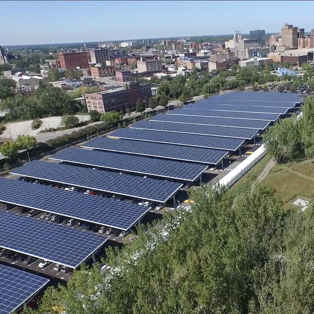 Owens Corning headquarters Campus Solar Array over parking lot in toledo ohio