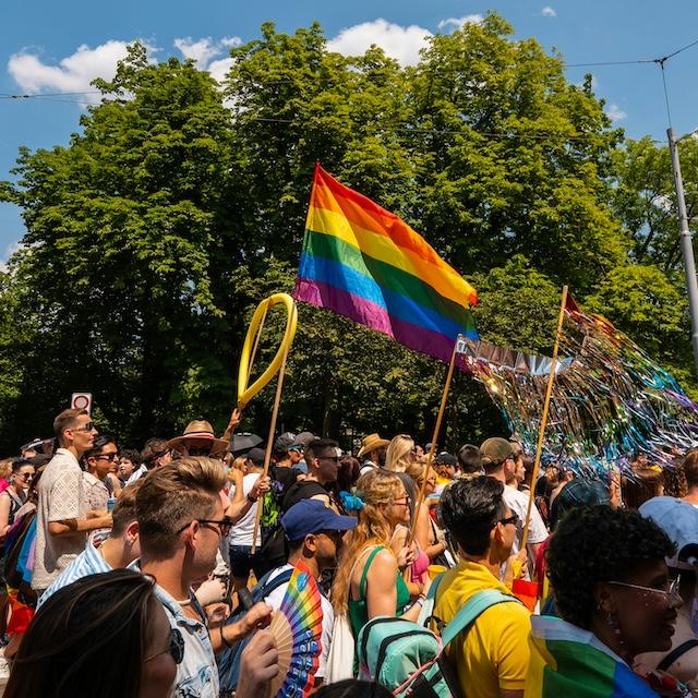 The rainbow pride flag during a Pride Month celebration. 