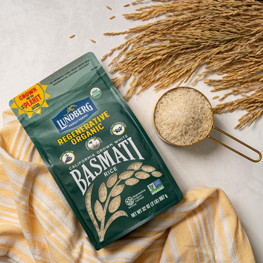 A photo of Lundberg Family Farm's basmati rice featuring the Regenerative Organic Certified label.