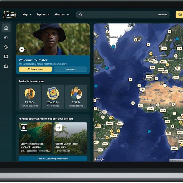 Restor's homepage, featuring a map of restoration sites. 