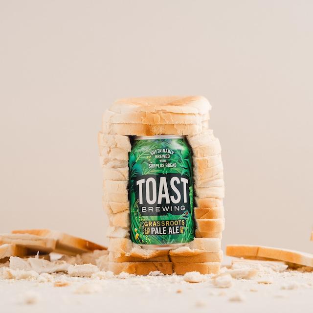 A can of Toast Brewing's beer in a loaf of bread — sustainable spirits. 