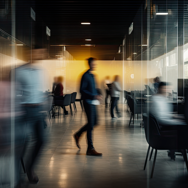 blurred image of people working in an office - greenhushing at corporations