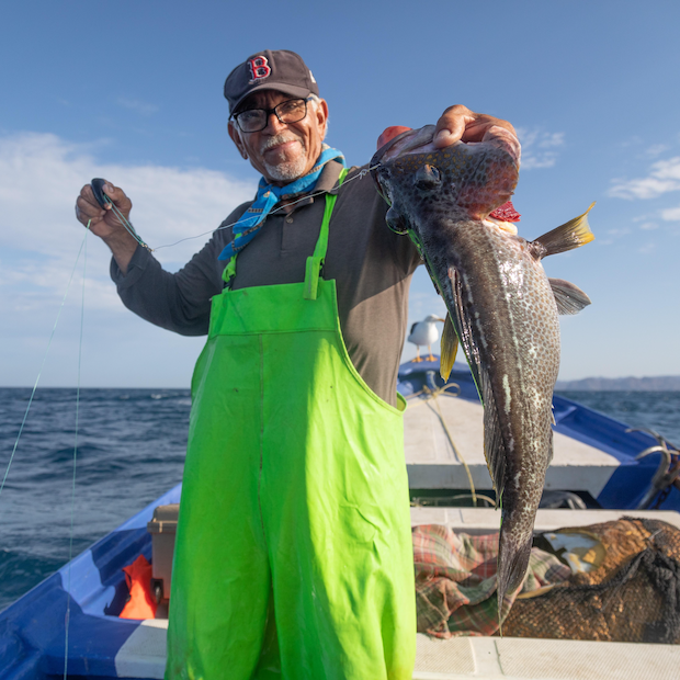 fisherman on a boat holding a fish — seafood supply chain