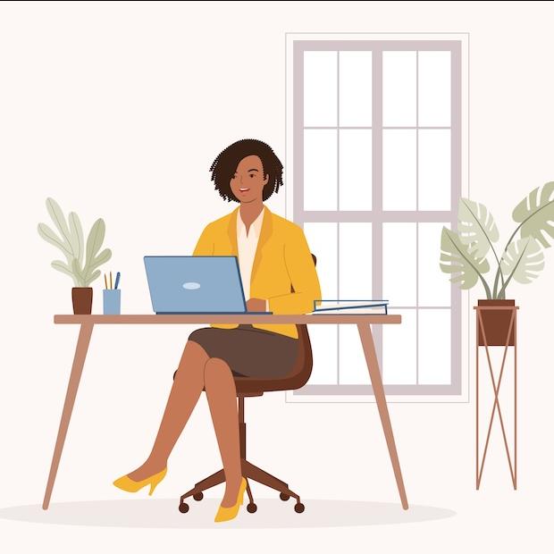 graphic of black woman working at a desk — Black women still face a glass cliff at work
