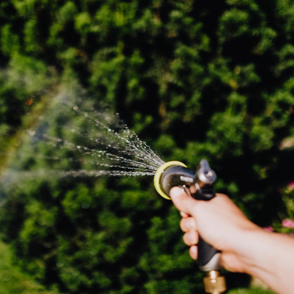 hand watering the lawn with a hose - water conservation