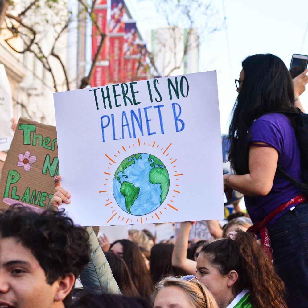 A photo of a protest including a sign that reads "There is no Planet B".