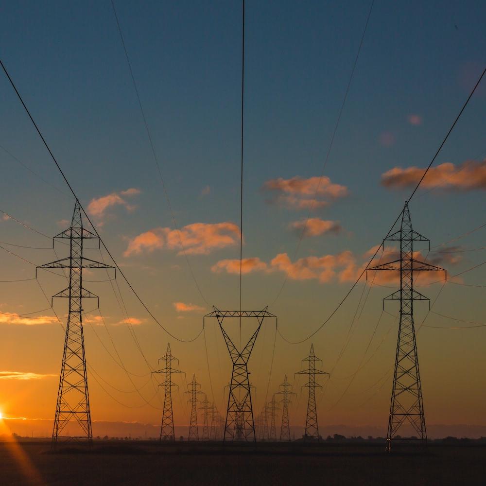 Power pylons at sunset. 