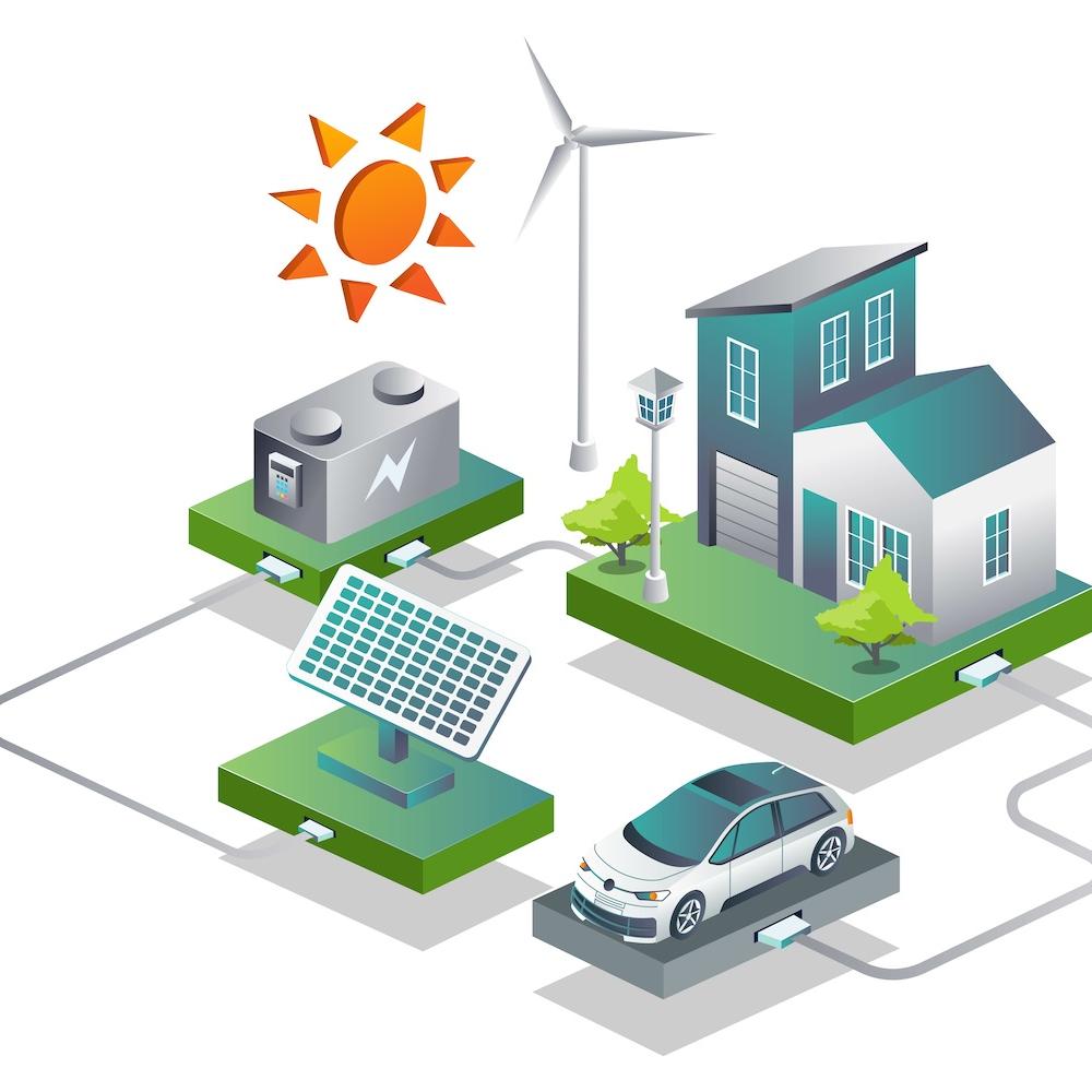 graphic representing smart grid - virtual power plants - renewable energy - electric vehicles